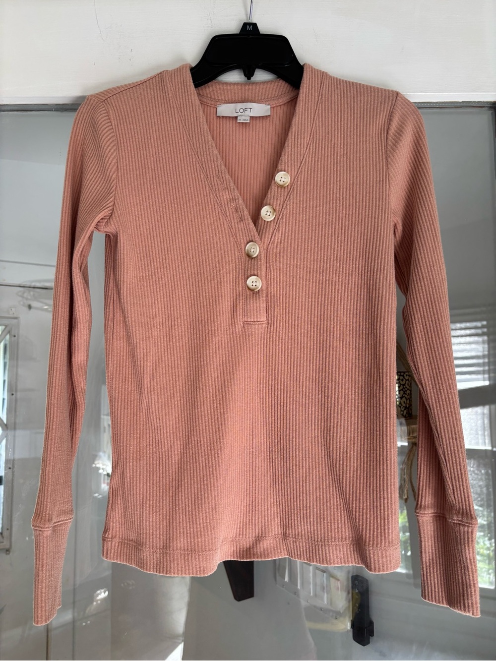 LOFT Ribbed Henley Long Sleeve Top in Dusty Pink